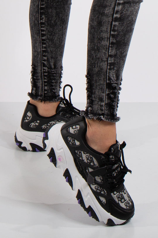 Mila Black Designer Inspired Lace Up Chunky Trainers