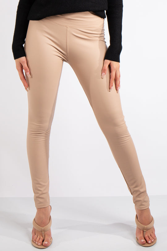 Athena  Beige High Waist Faux Leather Skinny Leggings