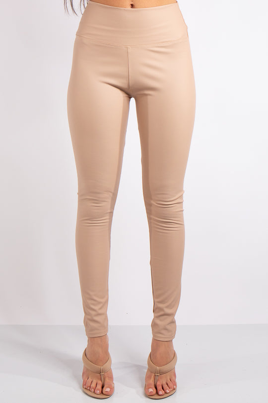 Athena High Waist Faux Leather Leggings - Beige