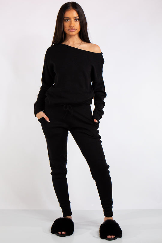 Madison Black Off Shoulder Knit Loungewear Set