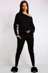 Madison Black Off Shoulder Knit Loungewear Set