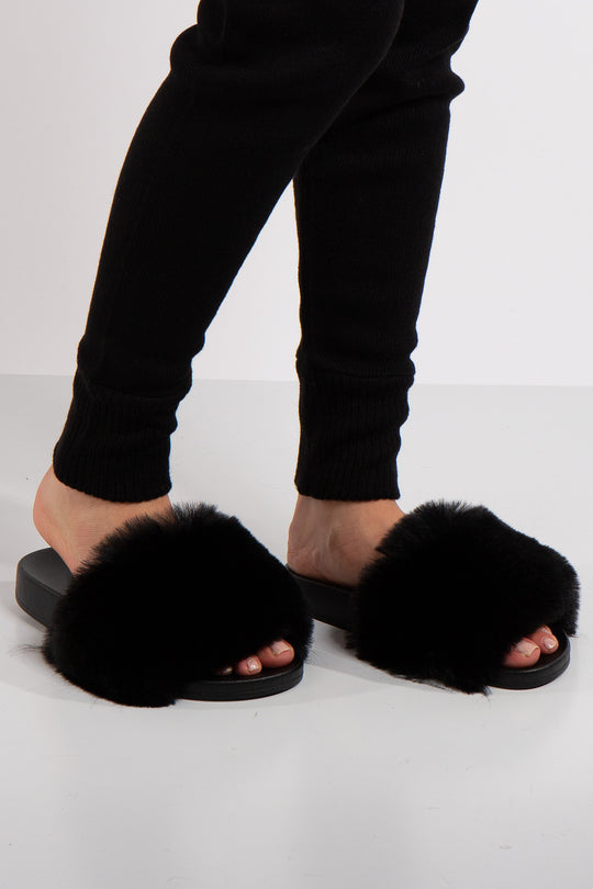 Natalie Black Faux Fur Slider