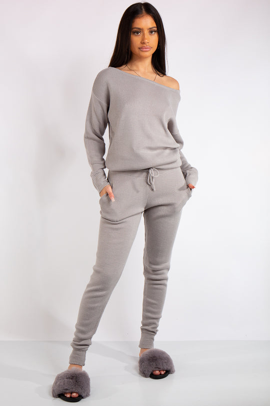 Madison Grey Off Shoulder Knit Loungewear Set