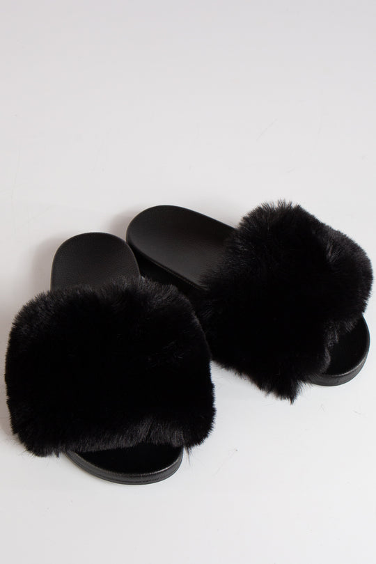 Natalie Faux Fur Sliders -Black