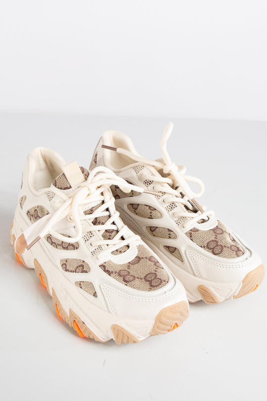 Mila Beige Designer Inspired Lace Up Chunky Trainers