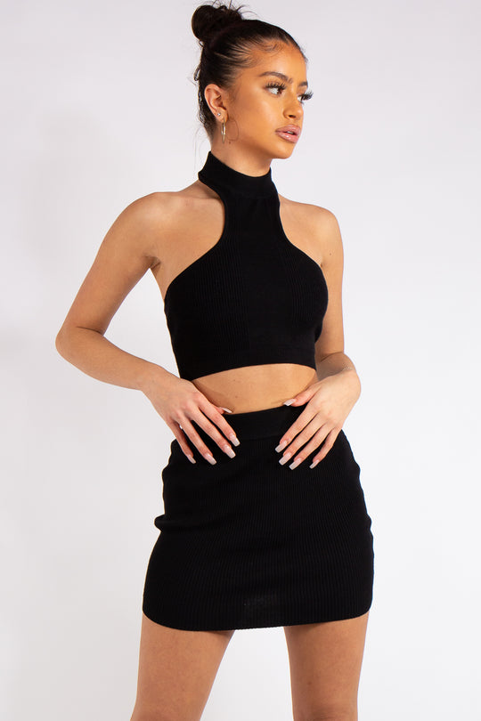 Renee Black Halter Ribbed Skirt Co-Ord