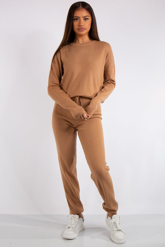 Carlee Tan Knit Loungewear Tracksuit Set