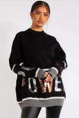 Mylah Black Power Sequin Slogan Crew Neck Knitted Jumper