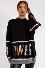 Mylah Black Power Sequin Slogan Crew Neck Knitted Jumper