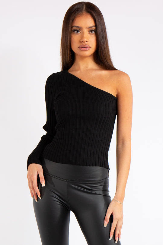 Caylee Black Ribbed One Shoulder Top