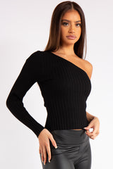 Caylee Black Ribbed One Shoulder Top