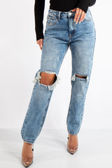 Vada Blue Denim Light Wash Ripped Mom Jean