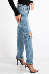 Vada Blue Denim Light Wash Ripped Mom Jean