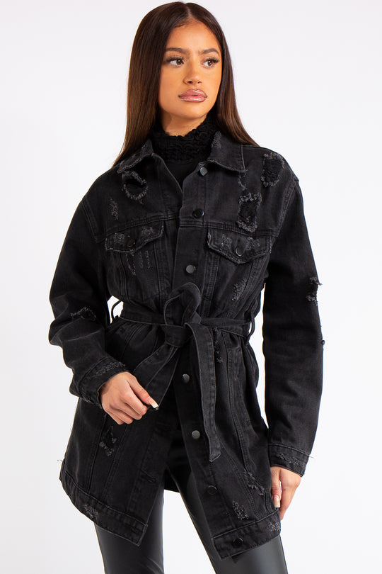 Desiree Black Denim Longline Belted Distressed Denim Jacket