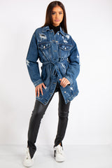 Womens Jeni Longline Studded Distressed Denim Jacket  Boohoo UK