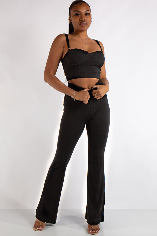 Bella Black Ribbed Bralet Trouser Co Ord Set