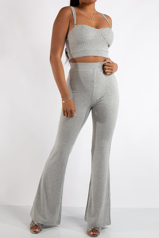 Bella Grey Ribbed Bralet Trouser Co Ord Set