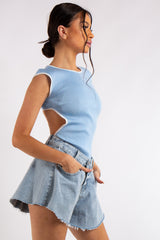 Klara Pale Blue Backless Ribbed Bodysuit