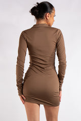 Halle Camel Slinky Ruched Button Up Dress