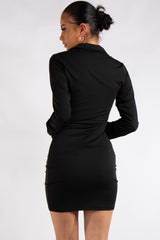 Halle Black Slinky Ruched Button Up Dress