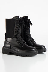 Asta Black Chunky Sole Elastic Detail Lace Up Ankle Boots