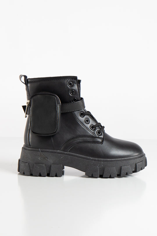 Octavia Black Pu Chunky Sole Pouch Ankle Boots
