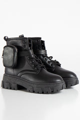 Octavia Black Pu Chunky Sole Pouch Ankle Boots