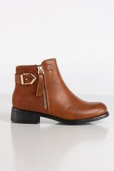 Dallas Tan PU Suede Buckle Chelsea Ankle Boots