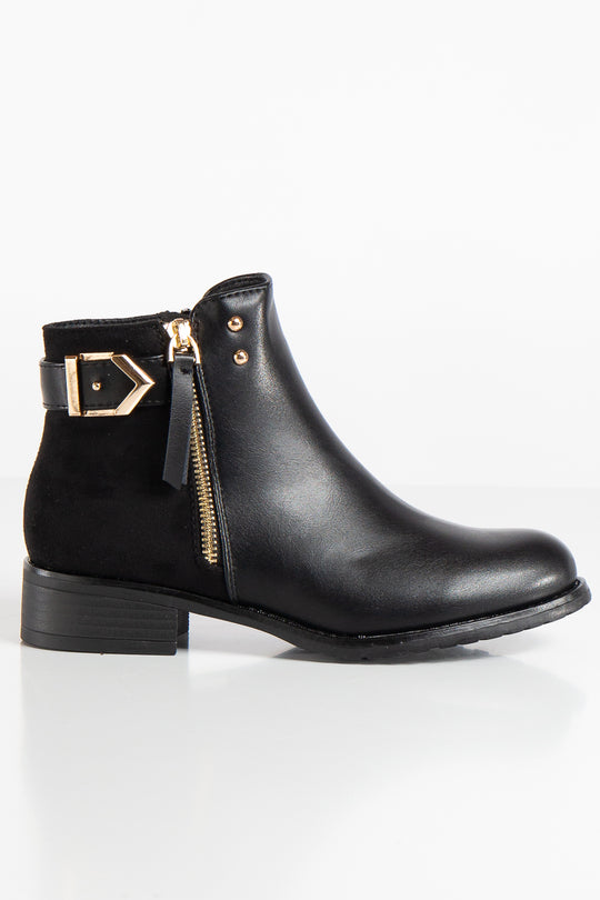 Dallas Black PU Suede Buckle Chelsea Ankle Boots