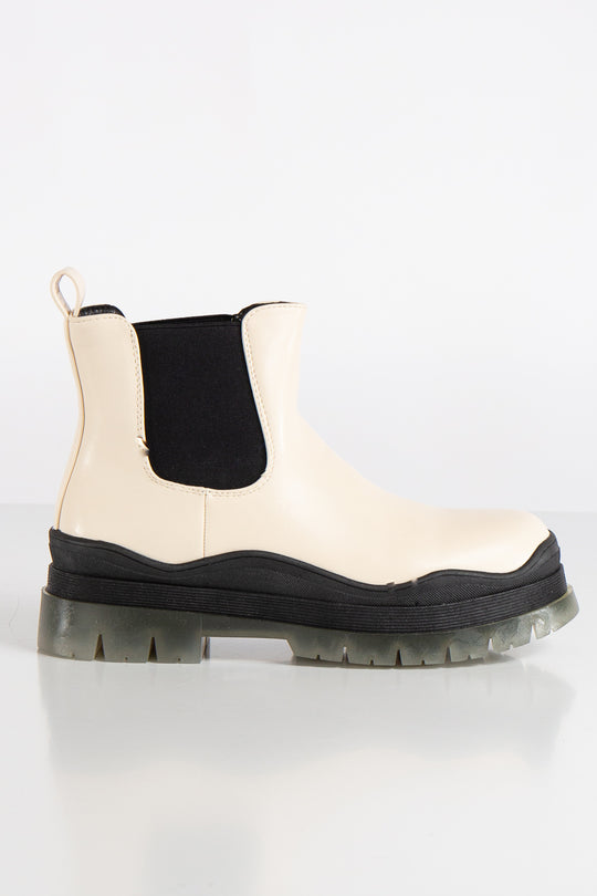 Coraline Beige Vegan Leather Chunky Ankle Boots