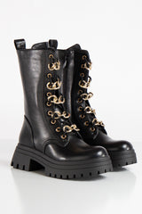 Kyra Black Chain Chunky Sole Biker Boots