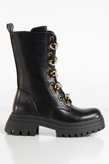 Kyra Black Chain Chunky Sole Biker Boots