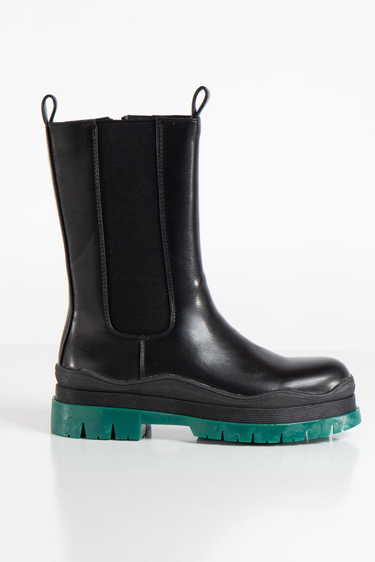 Veneta Green Sole Vegan Leather Chunky Boots