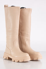 Elena Beige Chunky Knee High Boots