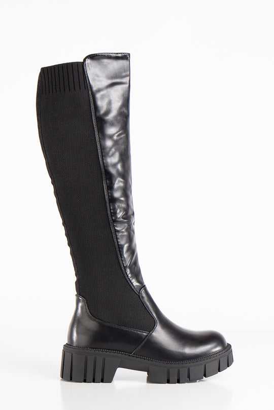 Paria Black Chunky PU Elastic Knee High Boots