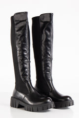 Paria Black Chunky PU Elastic Knee High Boots