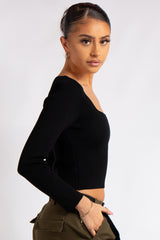 Renata Black Knitted Square Neck Crop Top