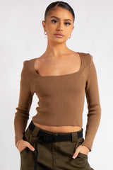Renata Camel Knitted Square Neck Crop Top