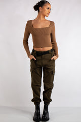 Renata Camel Knitted Square Neck Crop Top