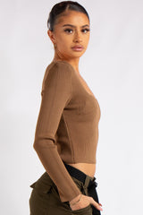 Renata Camel Knitted Square Neck Crop Top