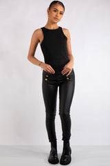 Dawn Black Faux Leather Button Trousers