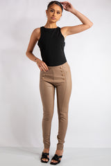 Dawn Beige Faux Leather Button Trousers
