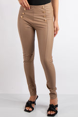 Dawn Beige Faux Leather Button Trousers
