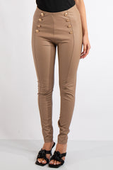 Dawn Beige Faux Leather Button Trousers