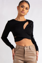 Bria Black Ribbed Cut Out Crop Top