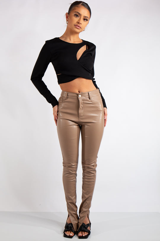 Nala Beige Split Hem Faux Leather Trousers