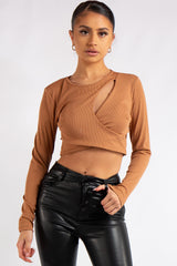 Bria Camel Ribbed Cut Out Crop Top
