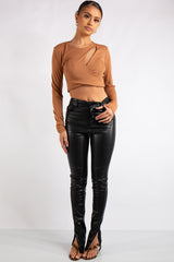 Nala Black Split Hem Faux Leather Trousers