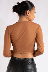 Bria Camel Ribbed Cut Out Crop Top