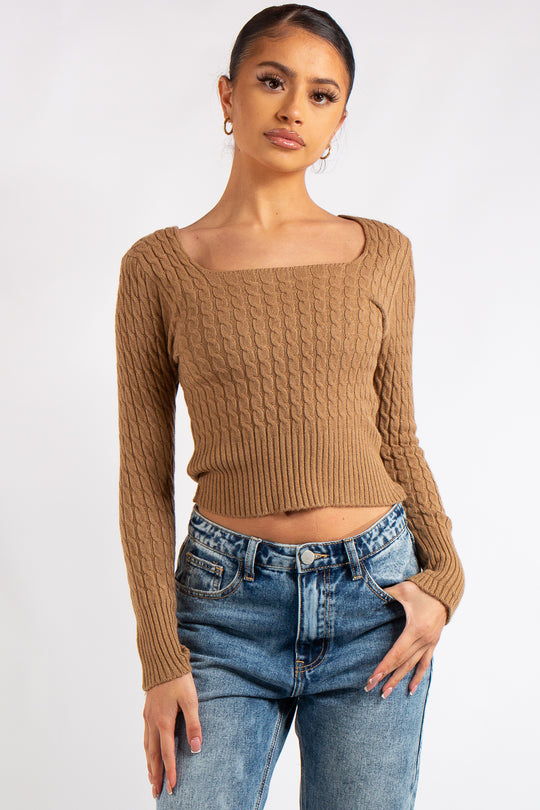 Laylah Basic Camel Square Neck Knitted Jumper